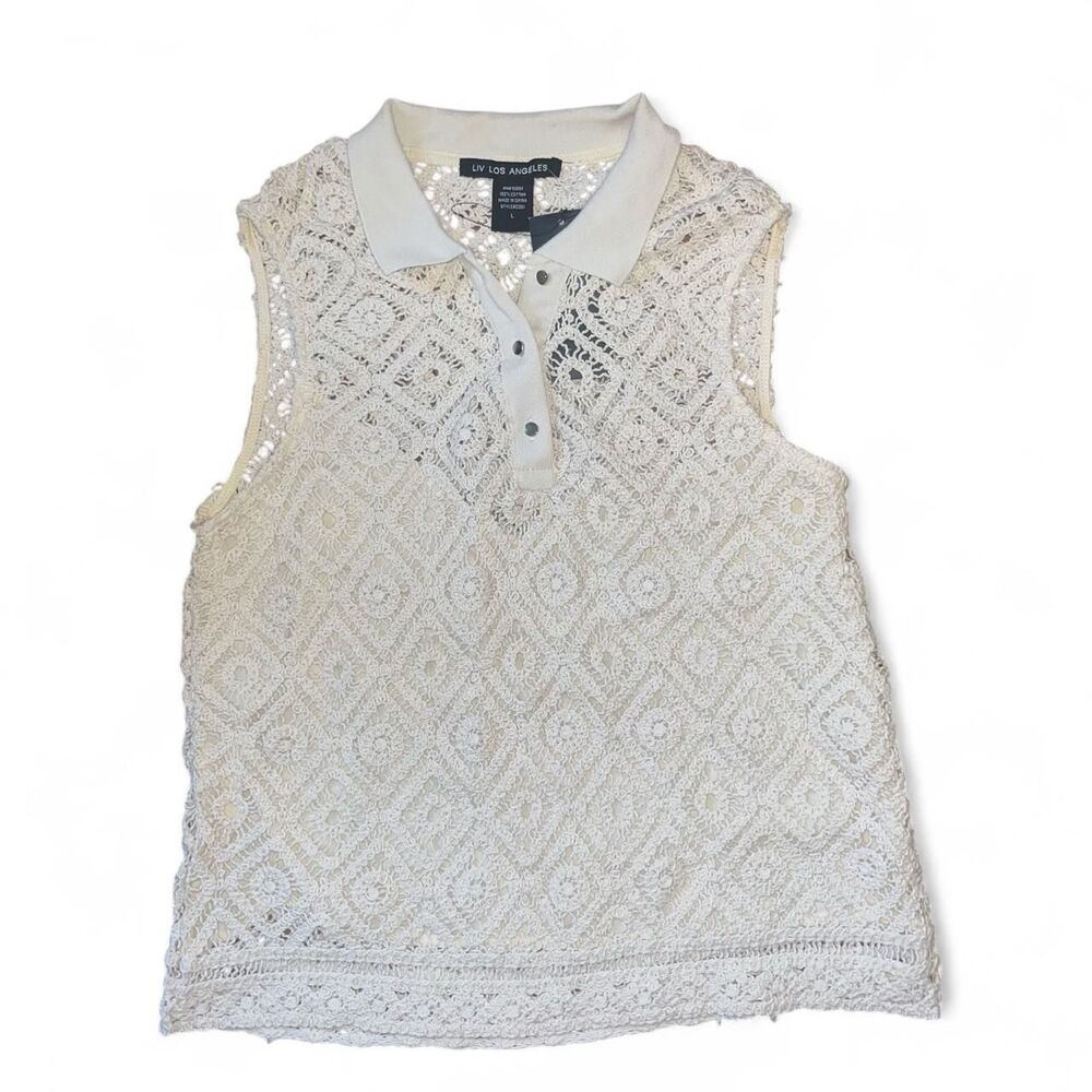 Liv Los Angeles Women's Cream Crochet Knit Sleeveless Polo Shirt Sz XL NWT